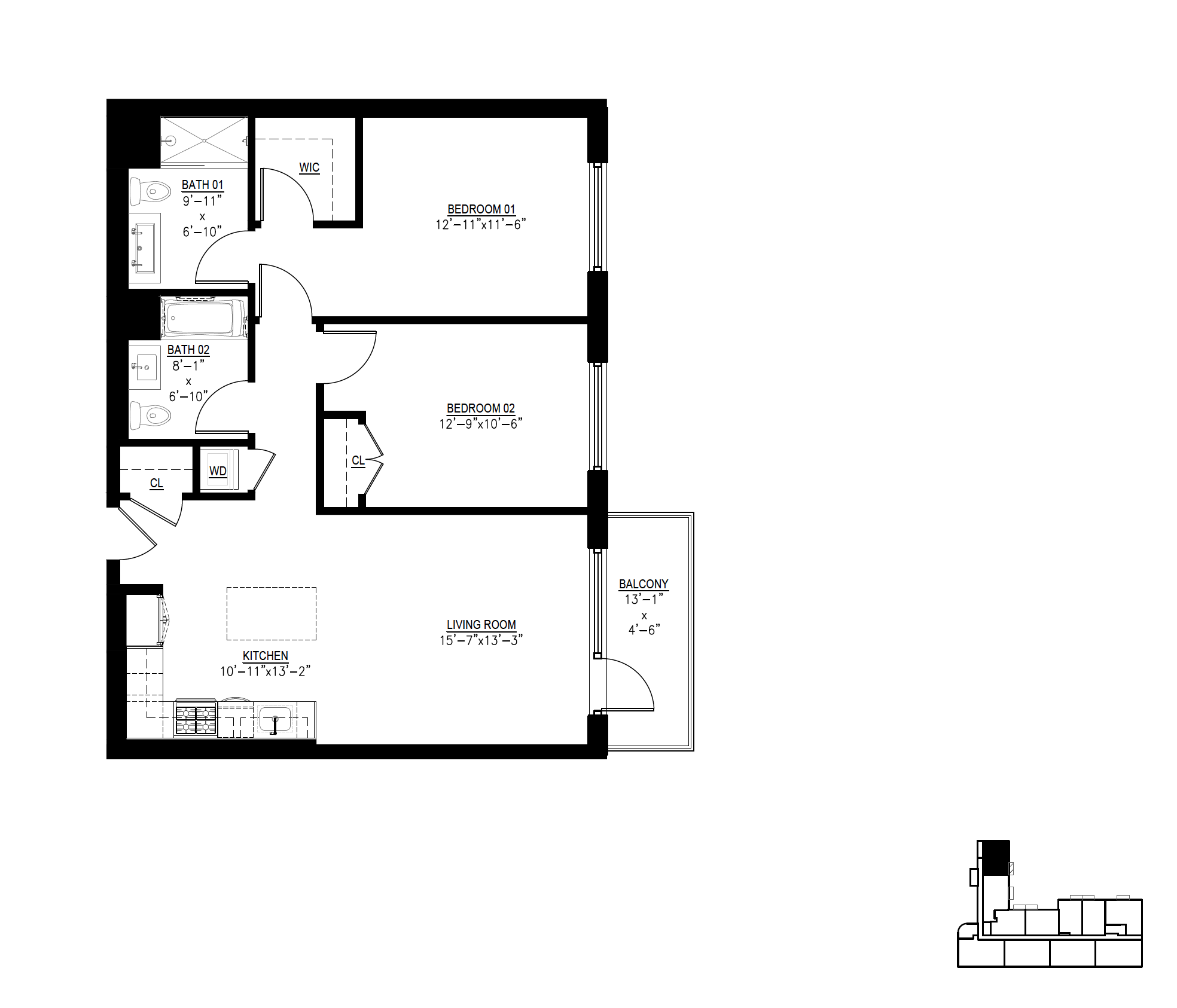 Floor plan for 2 beds, 2 baths, 1055 sqft